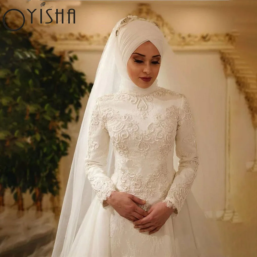 OYISHA Arabischen Muslimischen Hochzeit Kleider Für Frauen 2023 High Neck Long Sleeves Spitze A-linie Brautkleider Mit Schleier Robe De mariage