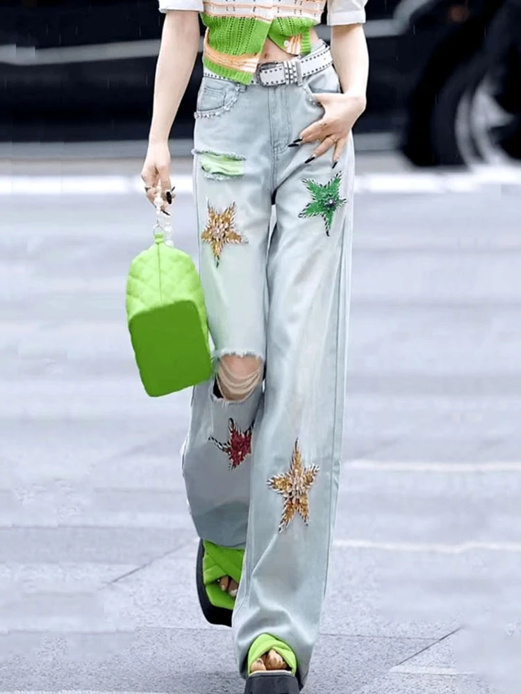 

Heavy Embellied Diamond Stars Hole Design Women's Summer New Loose Slim High Waist Wide Leg Straight Cut Long Jeans