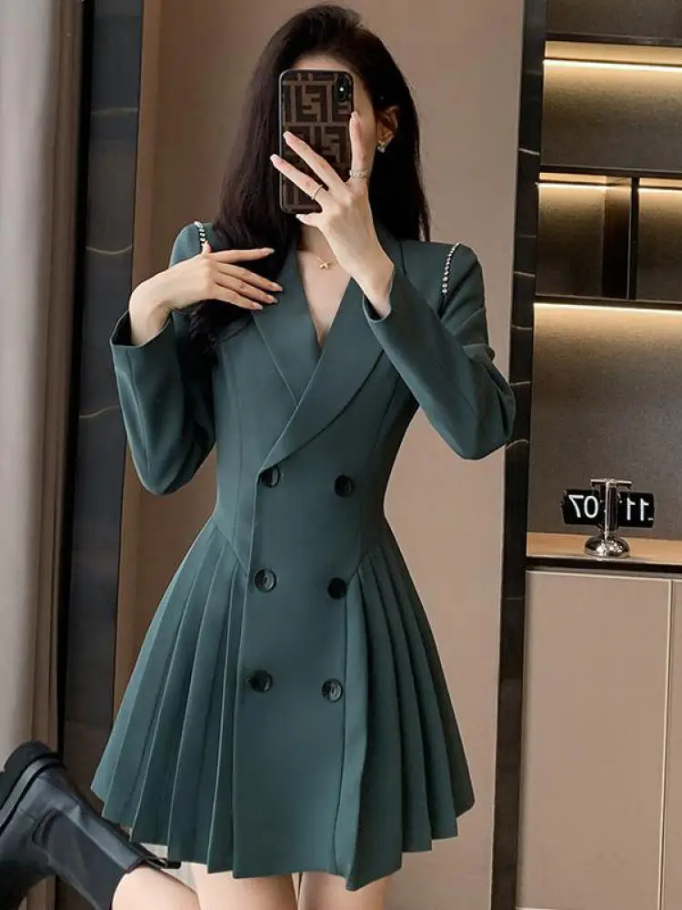 

Korean Chic Black Elegant Women Suit Pleated Dress Autumn Winter Blue Long Sleeve Double-breasted Temperament Brown Short Dress