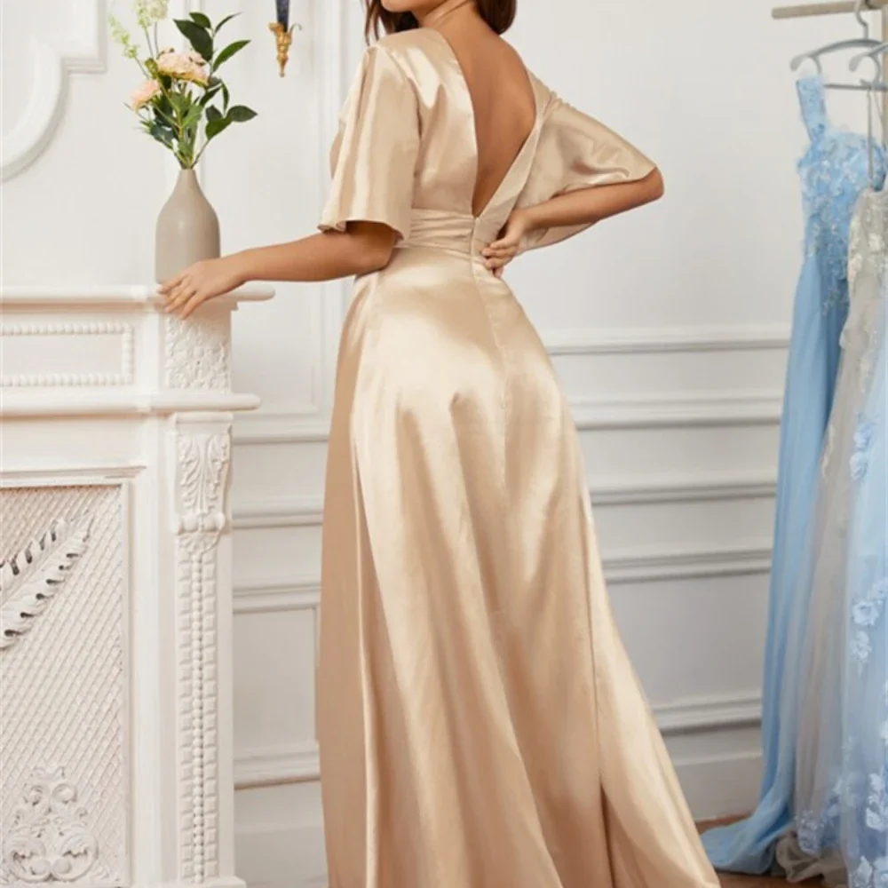 Elegant Satin Prom Dresses for Women V-Neck Half Sleeves A-Line Evening Gowns Fashion Floor Length Pleat Wedding Party Dresses