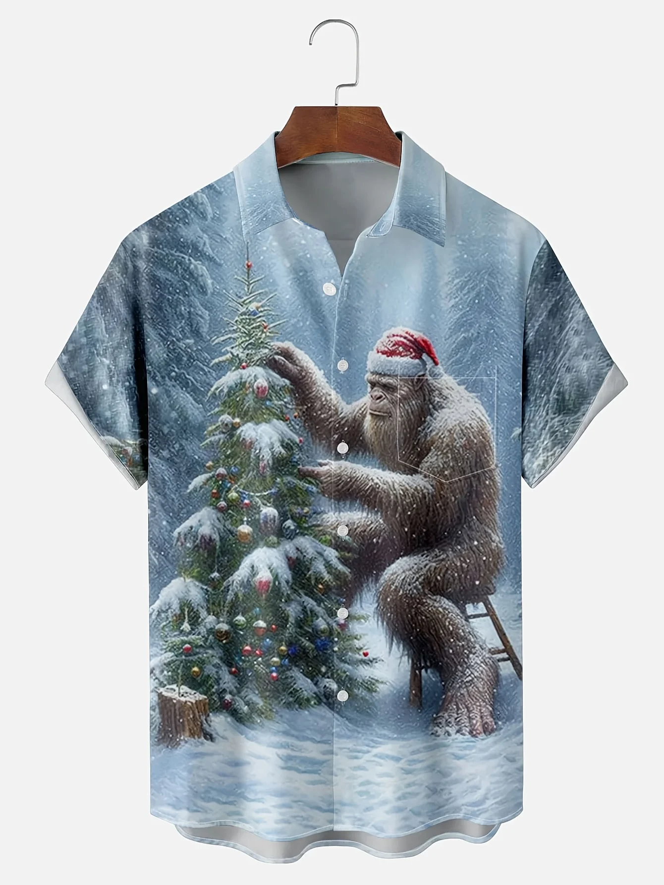 Men Christmas Bigfoot Decorate Xmas Tree Print Short Sleeve Shirt Lapel Collar Holiday Party Casual Tops