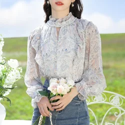 2023 New Spring and Summer Fashion Commuter Floral Standing Neck Studded Bead Hollow Out Style Simple Long Sleeve Loose Shirt