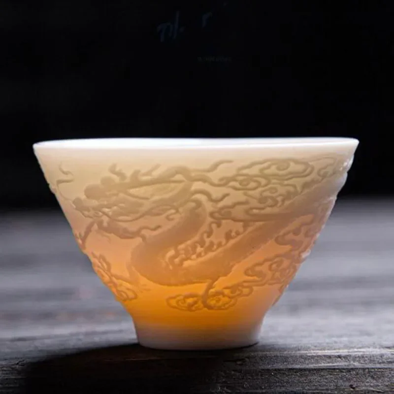 1 Pcs/Set Relief Dragon Phoenix Pattern White Color Kungfu Tea Cups Tea Bowl Kitchen Teaware Drinking Accessories