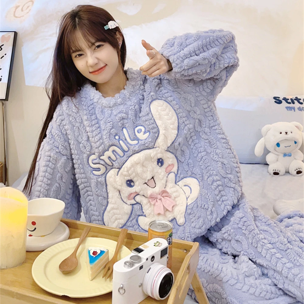 Kawaii My Melody Plush Pajama Set Sanrioed 2Pcs Cinnamoroll Kuromi Cartoon Anime Women Homewear Winter Thicken Girls Keep Warm