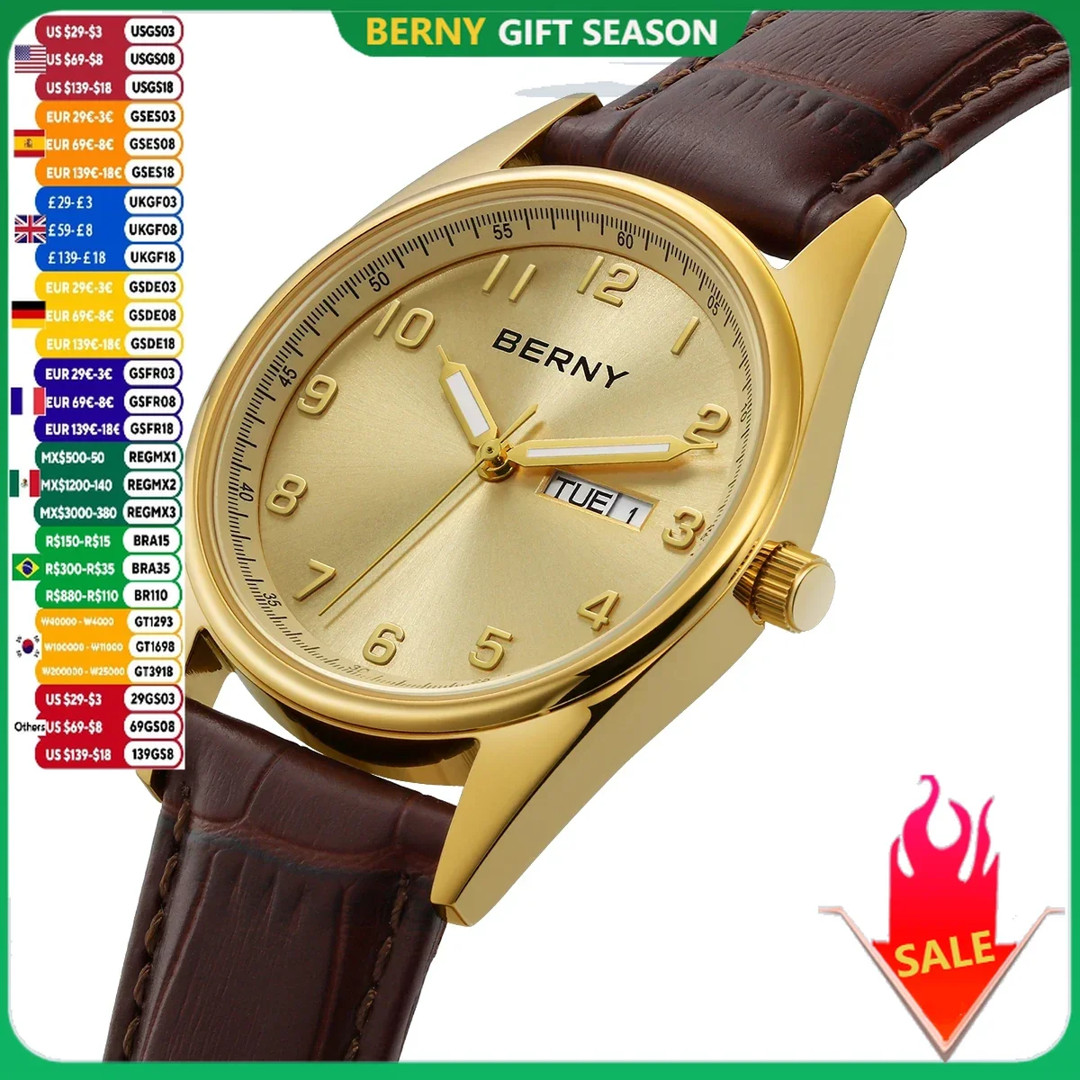 BERNY Gold Watches for Men Classic Date Week Luminous Luxury Golden Men\'s Dress Quartz Watch Elegant Lightweight Wristwatch