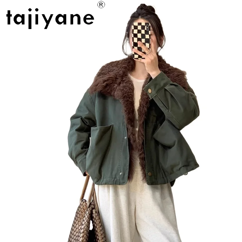 معطف فرو صوف الغنم الحقيقي من TAJIYANE معطف نسائي أبيض من أوزة أسفل باركر سترة خضراء أنيقة ملابس نسائية شتوية 2025 schuba