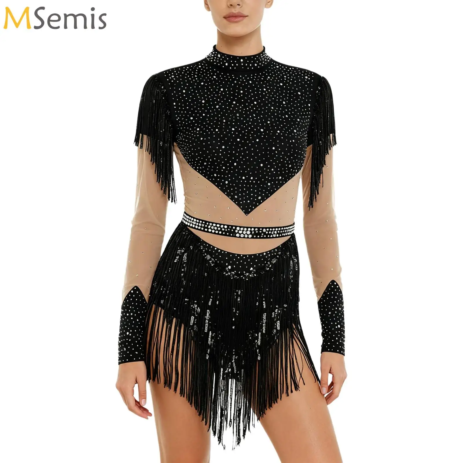 

Womens Long Sleeve Tassel Skirted Bodysuit Ballet Gymnastics Figure Skating Rhinestone Dress Mesh Fringed Latin Dance Leotard