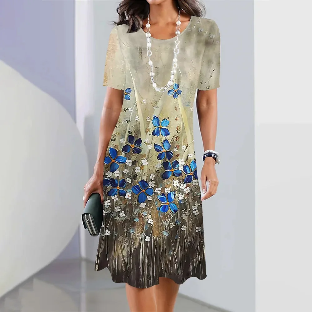 Women Slim Summer 3D Floral Loose Vintage Sexy Elegant Befree Dress Boho Casual Party Party Midi Short Sleeve Dresse