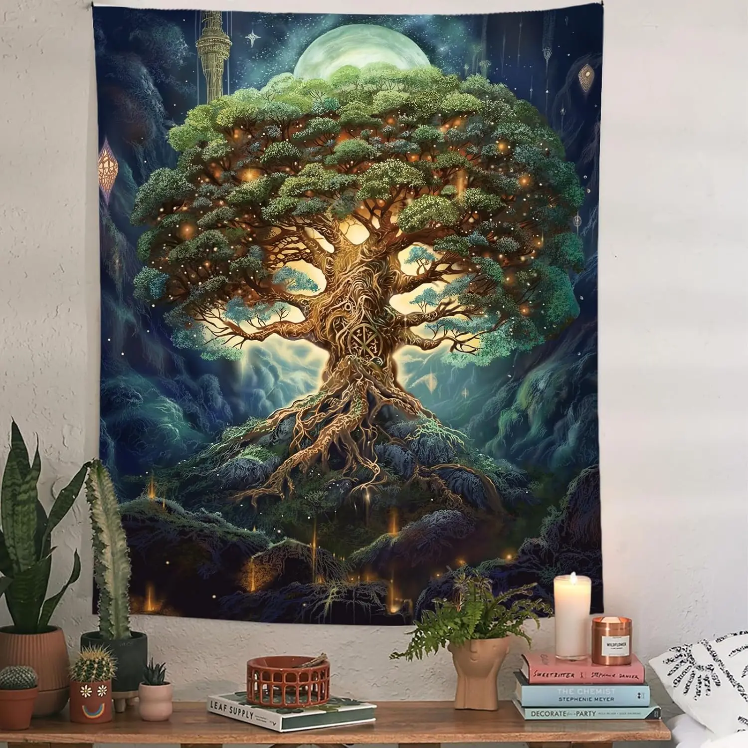 Tapzen Tree of Life Tapestry for Bedroom - Moon Star Galaxy Forest Nature Wall Hanging - Boho Plant Vertical Decor for Living
