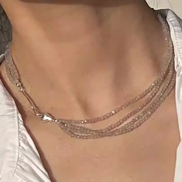 

Brass Plated White Gold Layered Glass Beads Necklace Women Jewelry Punk Designer Runway Rare Gown Boho Japan Korean