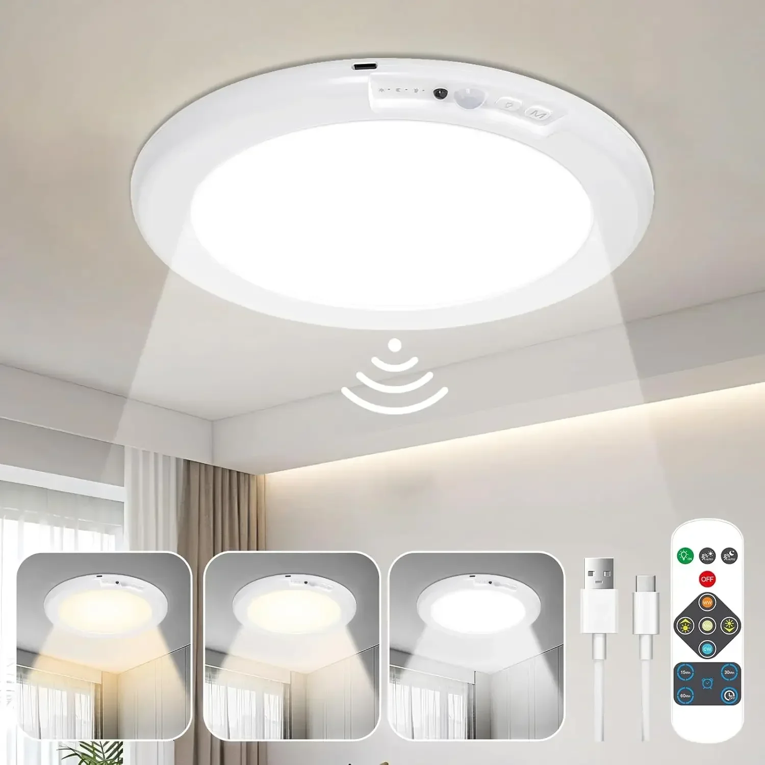 

Motion Sensor LED Ceiling Light USB-C Rechargeable Magnetic Wall Lamp Portable Remote Night Light for Coatroom Kitchen Bedroom