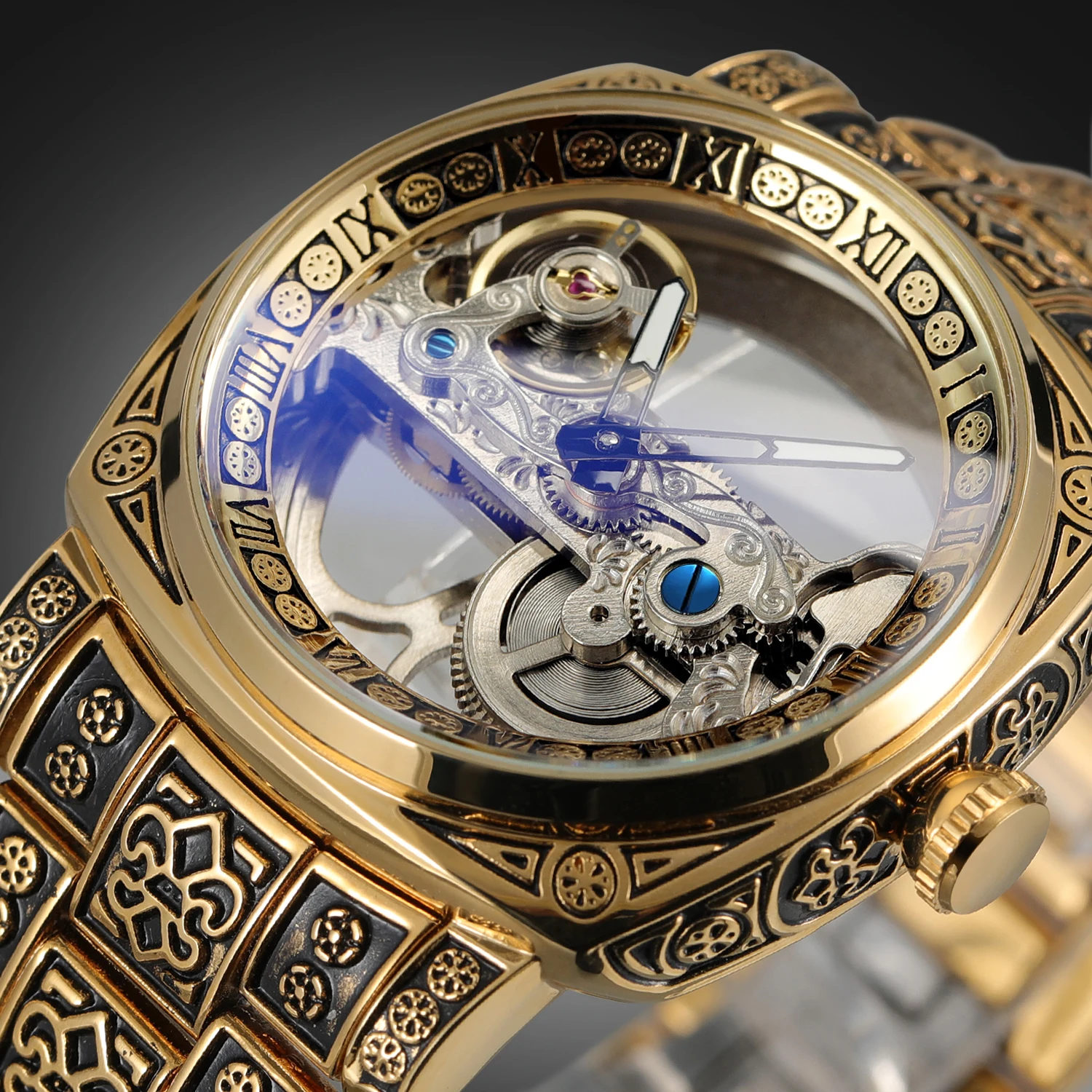 Forsining Exquisite Gold Skeleton Automatic Mechanical Watch for Men Stainless Steel Strap Luminous Luxury Retro Mens Watches