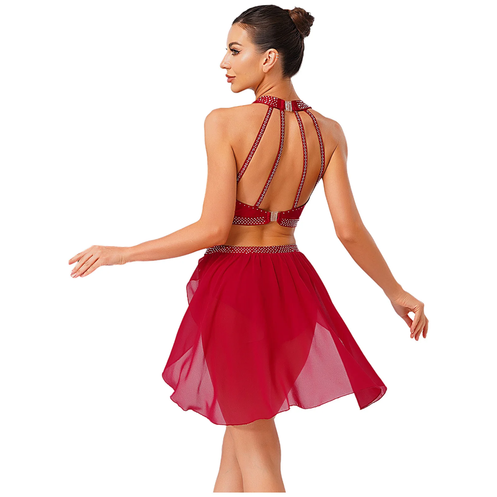 Completo da danza moderna lirica elegante da donna, senza maniche, con scollo all'americana, increspato, top corto + slip incorporato, gonna, set di abbigliamento da ballo