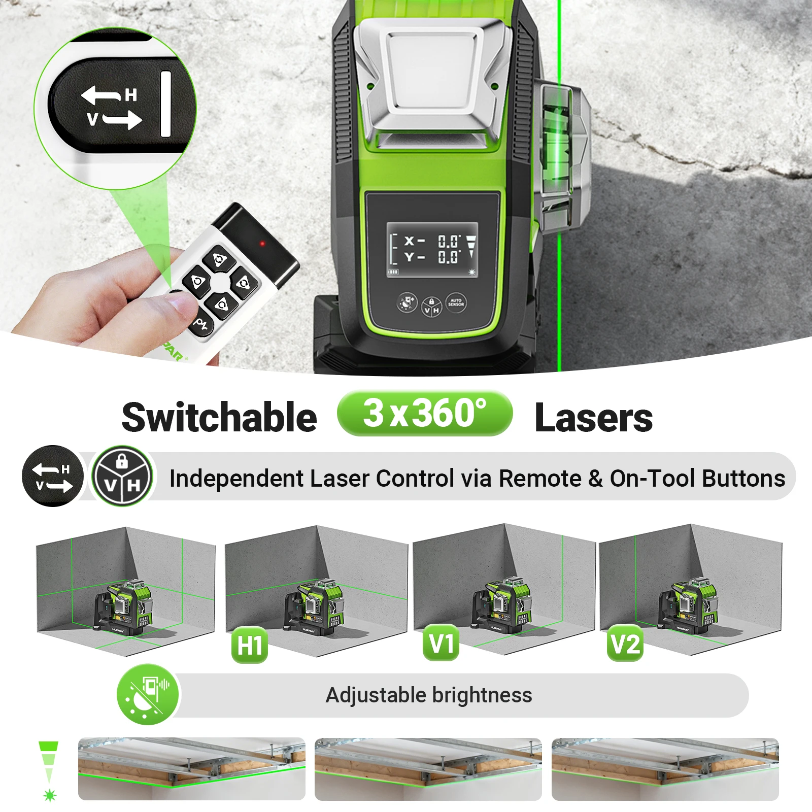 Huepar HX03CG-PRO 12 lines green beam 360° Self-leveling Cross Line Laser Level with Manual / Fine Motorized Swivel Base