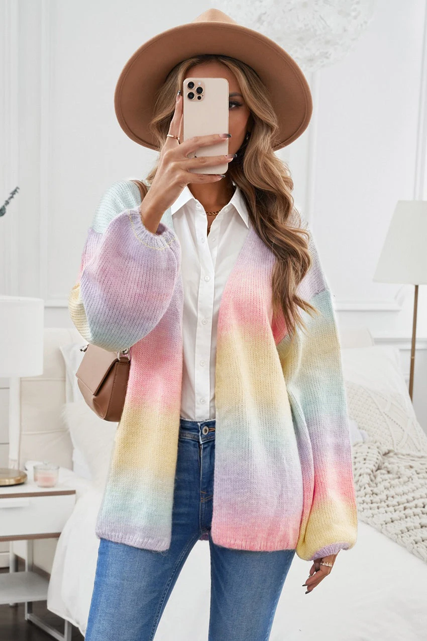 Women's Tie Dye Rainbow Gradient Knit Cardigan Oversized Lantern Sleeve V Neck Loose Spring Casual Sweater Coat