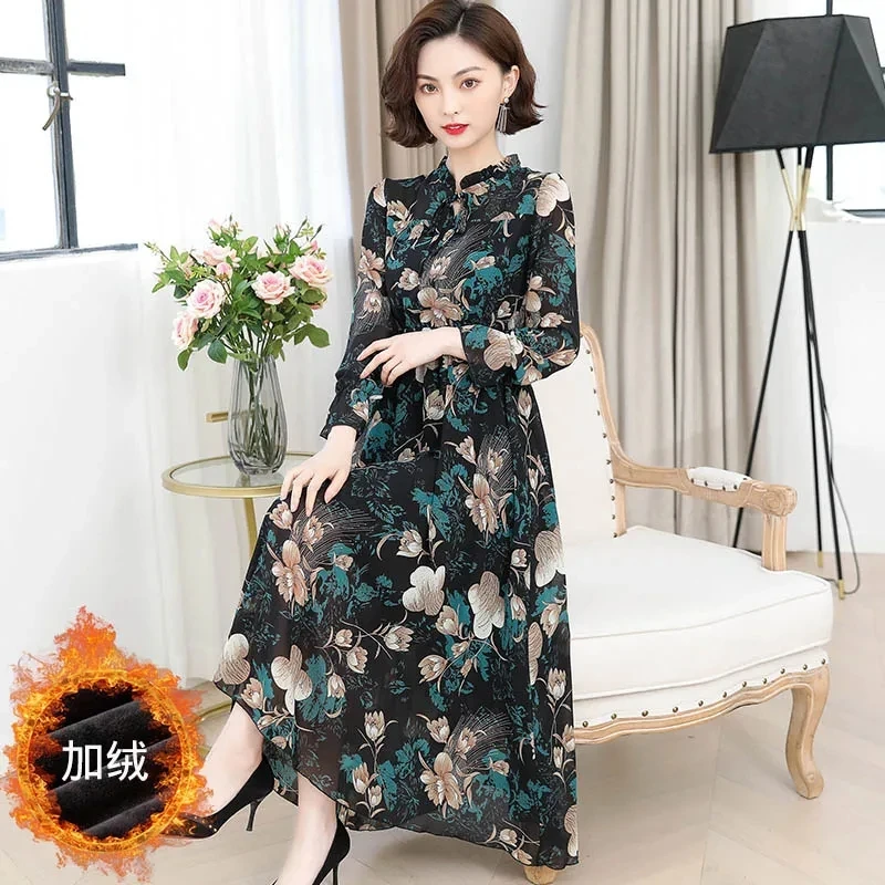 Autumn Attire Mom\'s Costume Chiffon Lotus Collar Long Printed Dress 2024 New Female Fashion Chiffon Floral Long Sleeved Dresses