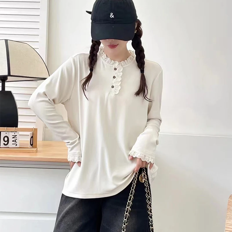 Autumn New Solid Color Long Sleeve Ruffles Collar Basic T Shirt Women Harajuku Korean Style Casual Loose Tops