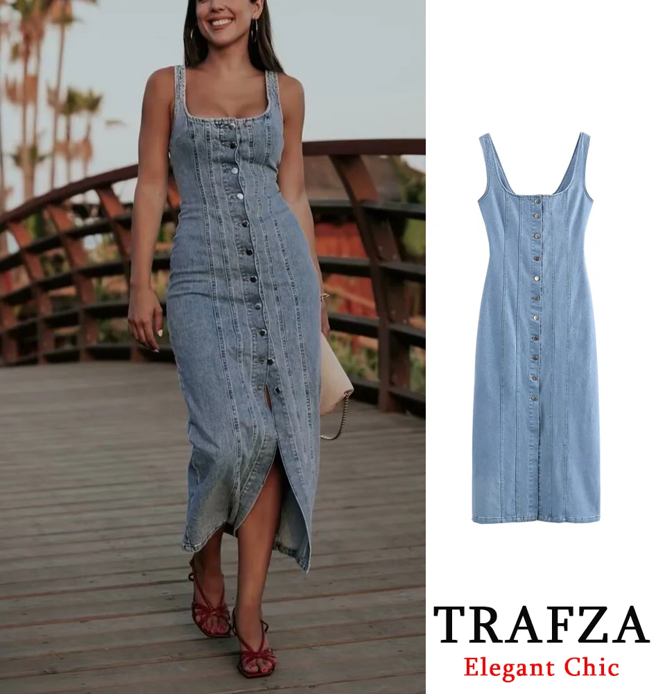 

TRAFZA Casual Elegant Denim Halter Dress Women's Buttons Slim Dress New 2024 Summer Fashion Holiday Basic Dress