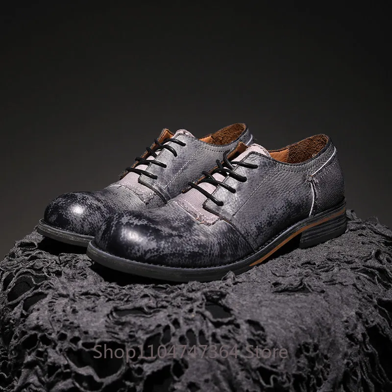 Vintage Washed Cow Leather Men's Dress Shoes Low-Top Work British Casual Style Handmade Genuine Leather Derby Shoes Male