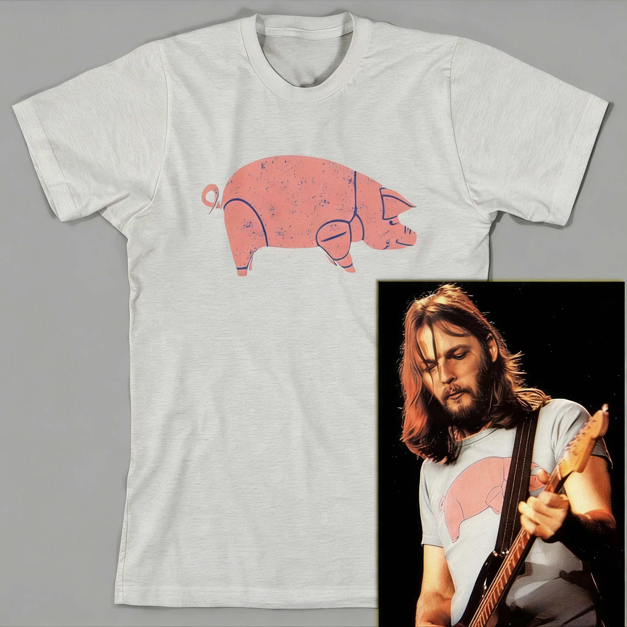 

Винтажные футболки в стиле Y2K с розовым принтом «Битлз» и животным принтом стали популярным товаром для Сида Барретта на его альбоме «Wall» 1977 года.