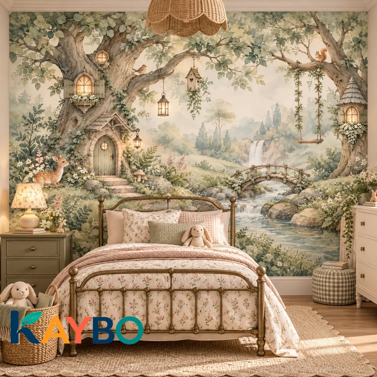Enchanted Forest Wall Mural Fairy Treehouse Woodland Waterfall Kids Wallpaper Non Self Adhesive Girls Bedroom Nursery Wall Decor