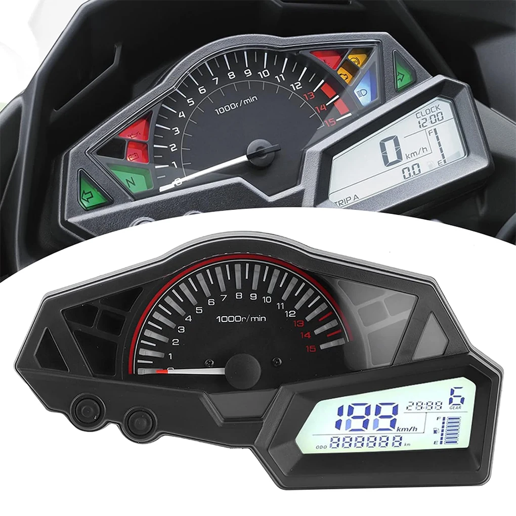 

Motorcycle 15000RPM Speedometer LCD Odometer Speed Fuel Gauge Low Oil Level Indicator Flashing Alarm Fit for Ninja 300 Easy To