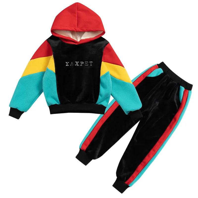 Winter Warm Girls Contrast Alphabet Full Fleece Sweatshirt+Sweatpant School Kids Tracksuit Child 2PCS Outfit Jogger Set 5-14 Yrs