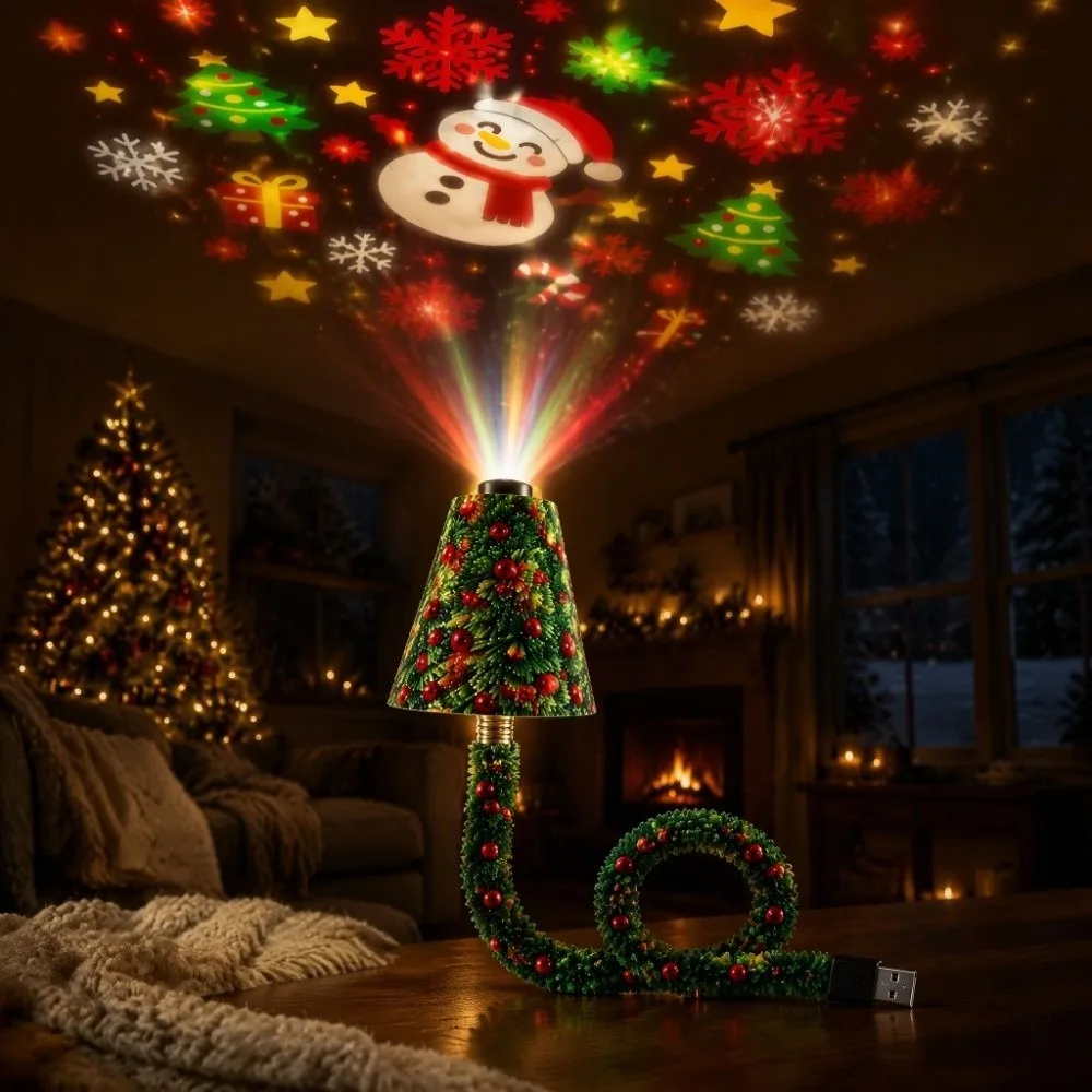 360° Rotatable Christmas Ceiling Projector HD Projection Tree Shape Holiday Projection Lamp Interchangeable Slides USB Powered