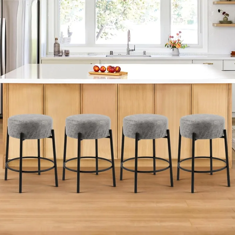 24 Inches Modern Counter Bar Stools, Round Fabric Upholstered Bar Chairs, Backless Kitchen Island Stools