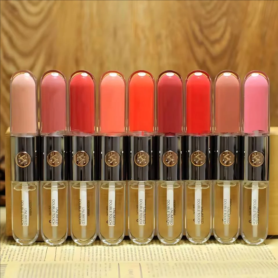 Novo brilho labial de duas cabeças, transparente, durável, copo antiaderente, espelho, batom, leite, chá, pasta de feijão, maquiagem labial