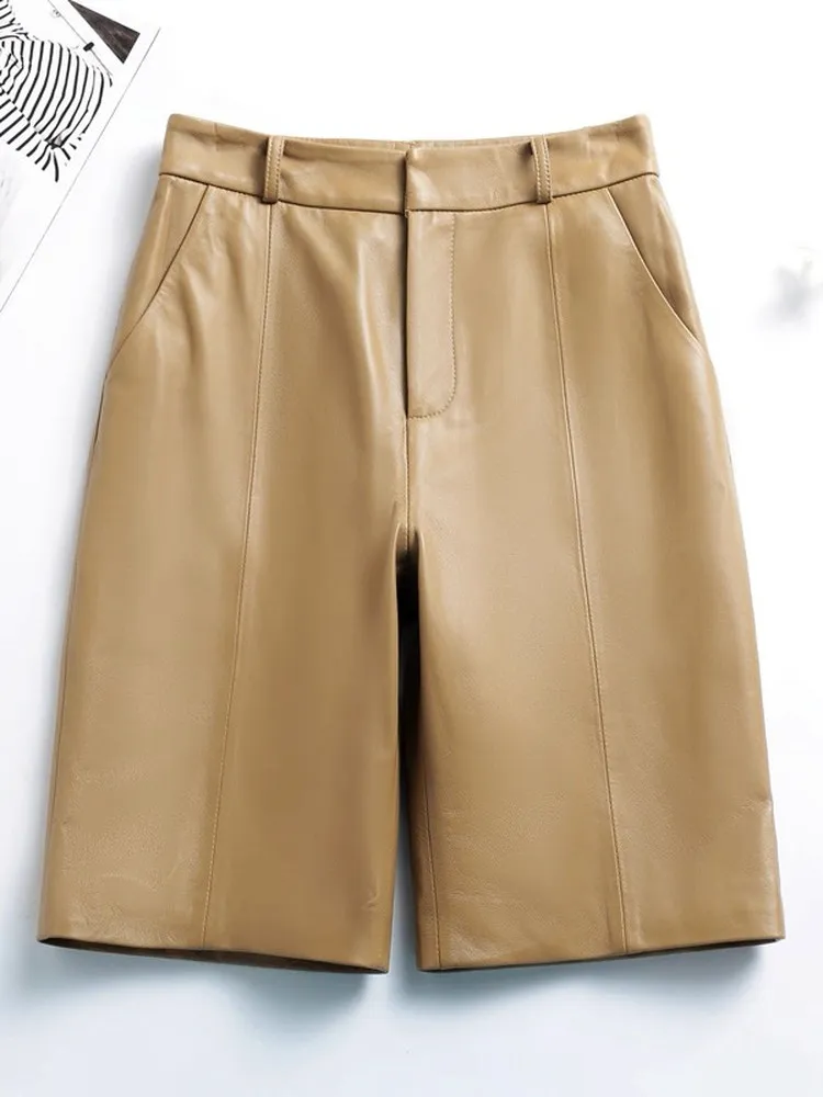 

Winter New Women's Real eepskin Leather orts High Waist Wide Leg Casual Pants Comfortable Soft Sle Commute Pure Color