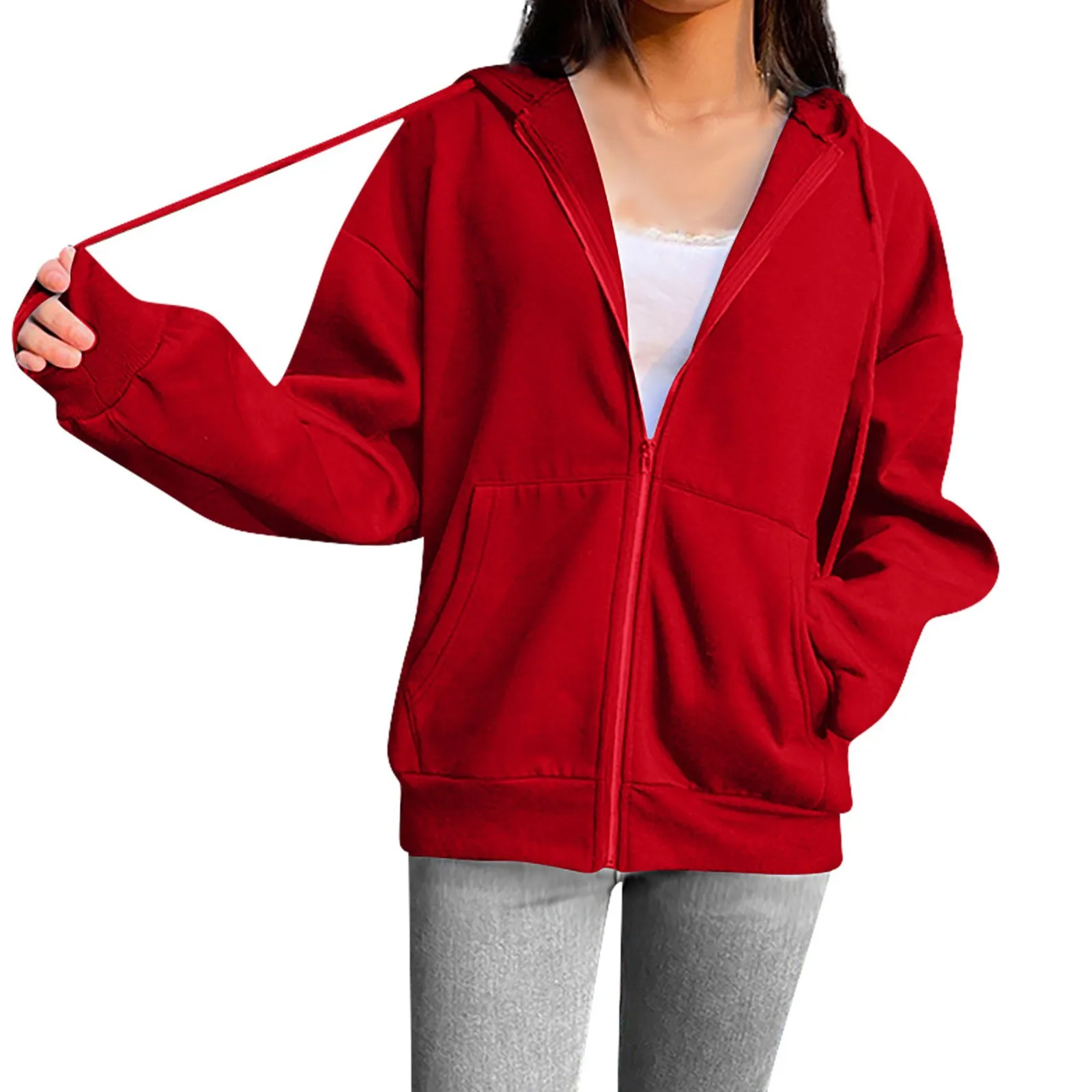 Spring Autumn Women Solid Color Sweatshirt Coat Hooded Drawstring Long Sleeve Pockets Zipper Placket Outerwear Femme