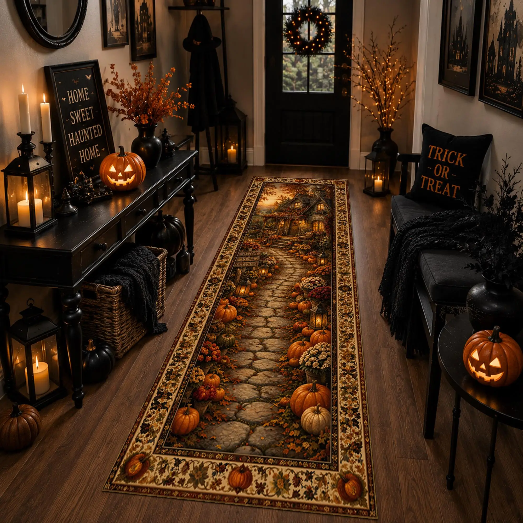 Halloween Pumpkin Lantern Ghost Path graphics Runner Rug,Entryway,Laundry Room,Terrace,Non Slip Runner Rug,Festive Decor Gift