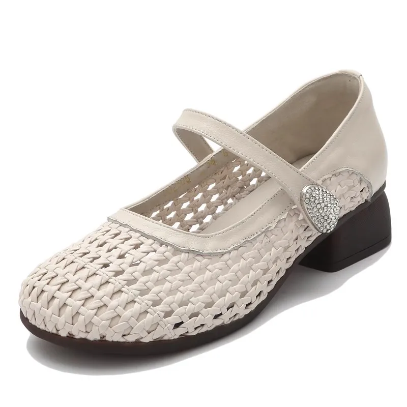 

GKTINOO женская обувь из натуральной кожи, тканые женские туфли на толстом каблуке, новинка лета 202, повседневные дышащие сандалии на мягкой подошве со шнуровкой