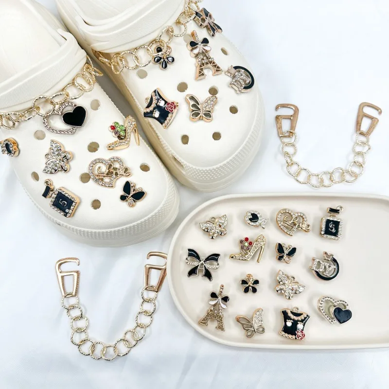 15PCS Luxury Shoe Charms Set Accessories for Clogs Shoe Buckle Golden Iron Tower Butterfly High Heels Chain DIY Shoe Decorations