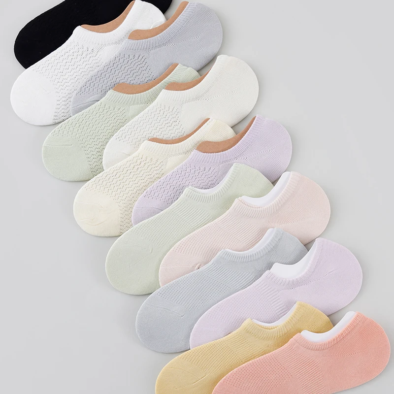 1/5/10/15/20 Pairs Summer No-Show Socks, Solid Mesh Breathable Soft Sweat-Absorbent Ins Trendy Casual Versatile Socks