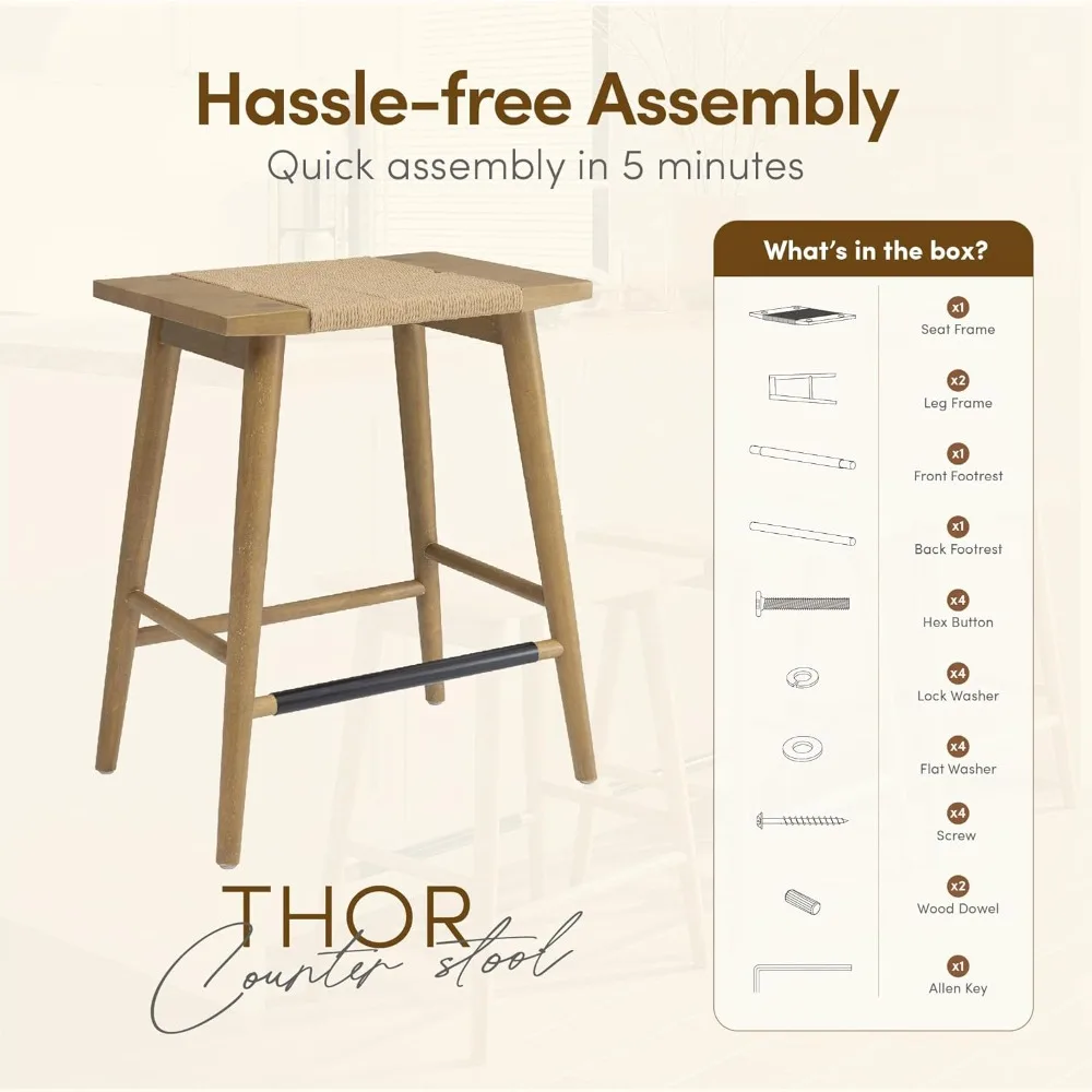 مقعد خشبي بارتفاع عداد من الخيزران مع حبل محبوك يدويًا، K/D، جزيرة بدون ظهر 24 مقعد خوص للمطبخ، صلب