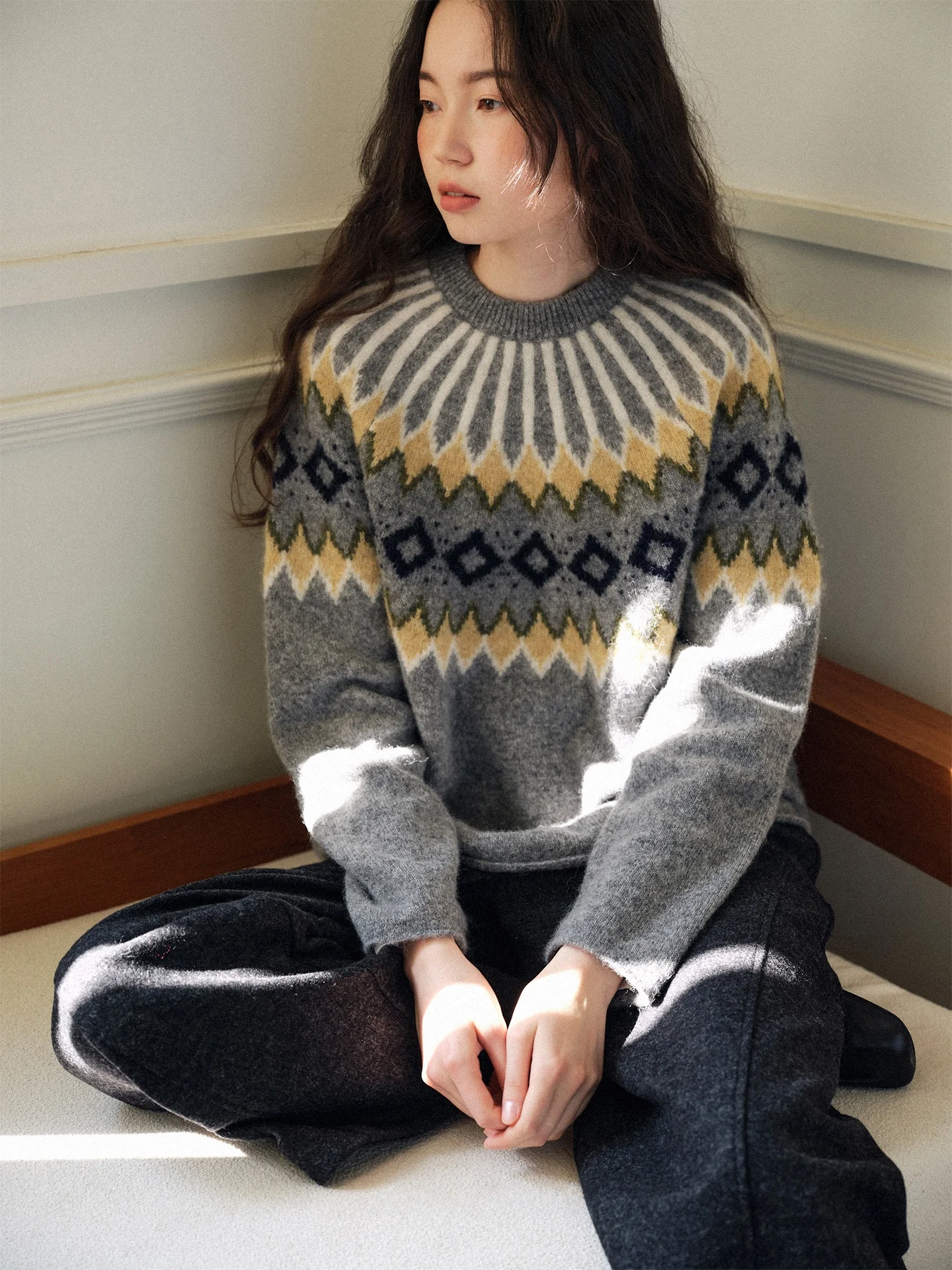 

Retro Fair Isle Knitwear Sweater Overhead round Ne Long Sve Regular Fit Straight pe Pure E-commerce Camel Silk Women