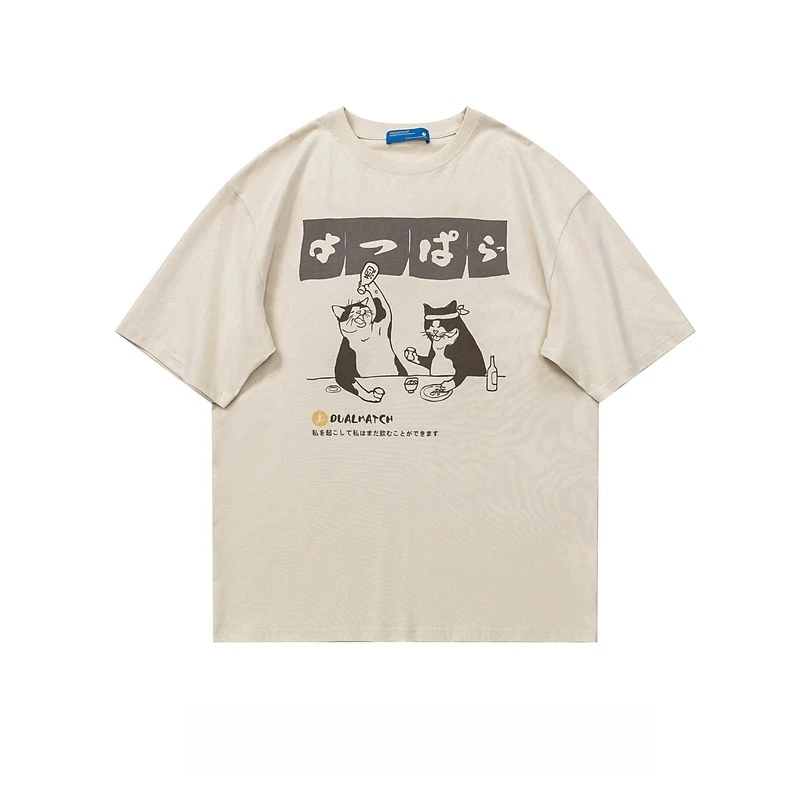 2025 Summer New Japanese Style Fun Cartoon Print Men's Cotton White Short Sleeve T-Shirt Retro Loose Couple Apricot T-Shirt