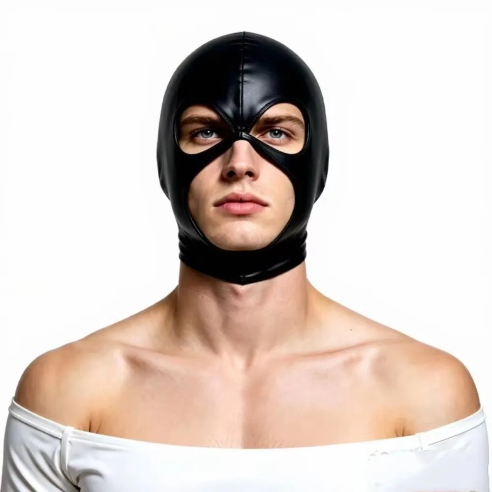 1PCBlack Faux Leather Full Face Hood Mask Eye Cutout 2026 Carnival Themed Party Adult Elastic Costume Props