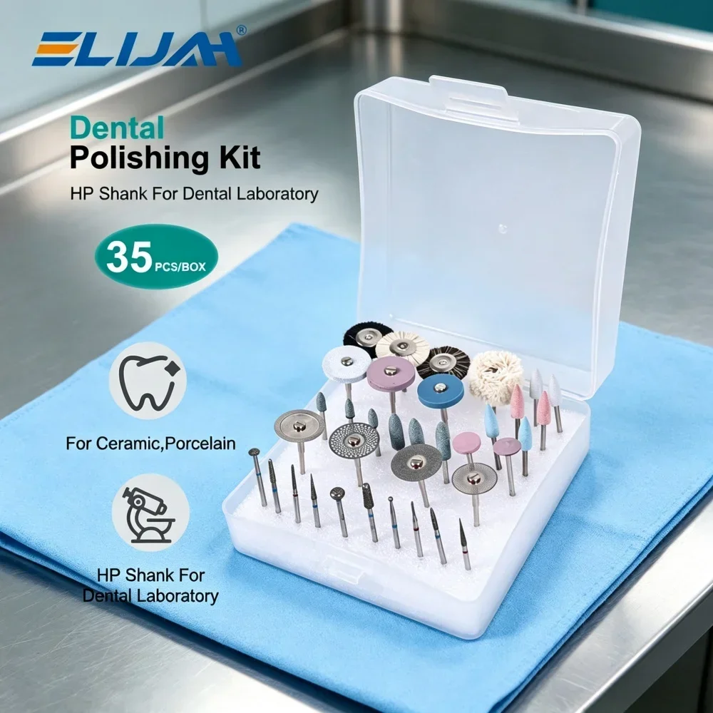 ELIJAH Dental Polishing Kit HP Shank 35Pcs/Set Diamond & Silicone Tools for Ceramic Porcelain Laboratory Grinding & Finishing