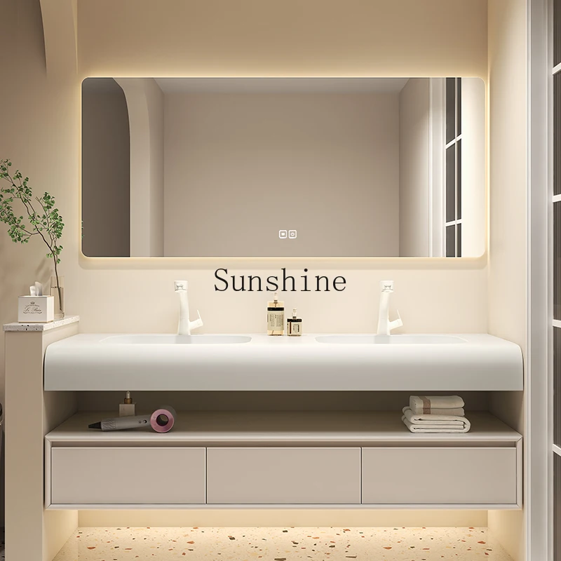 Light luxury bathroom cabinet combination skin feeling integrated basin oak double layer, bathroom custom, modern