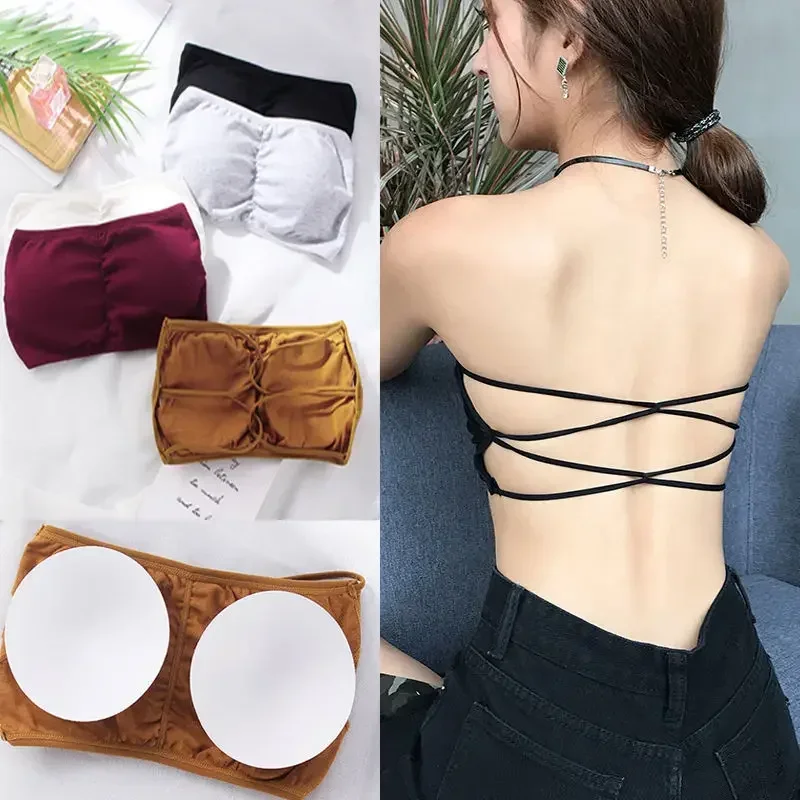 Top de tubo con sujetador sin tirantes para mujer, Bralette con espalda cruzada, sujetador Invisible inalámbrico, ropa interior sin costuras, lencería femenina, Top corto de algodón Sexy