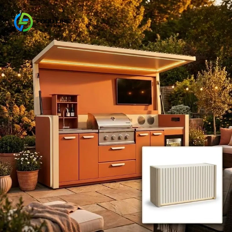 Customized Patio Garden Folding BBQ Kitchen Station Space-Saving Stainless Steel Cabinet with Grill Sink Fridge LED