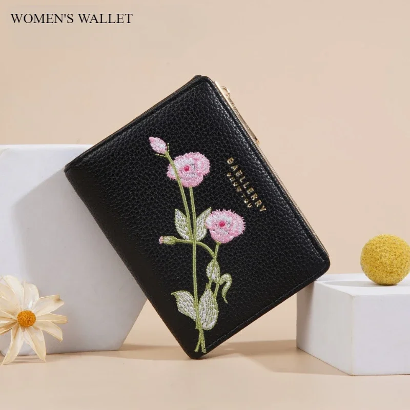 Women's Embroidered PU Leather Wallet: Slim Zip-Around Design with Multiple Card Slots & Dedicated Coin Pocket
