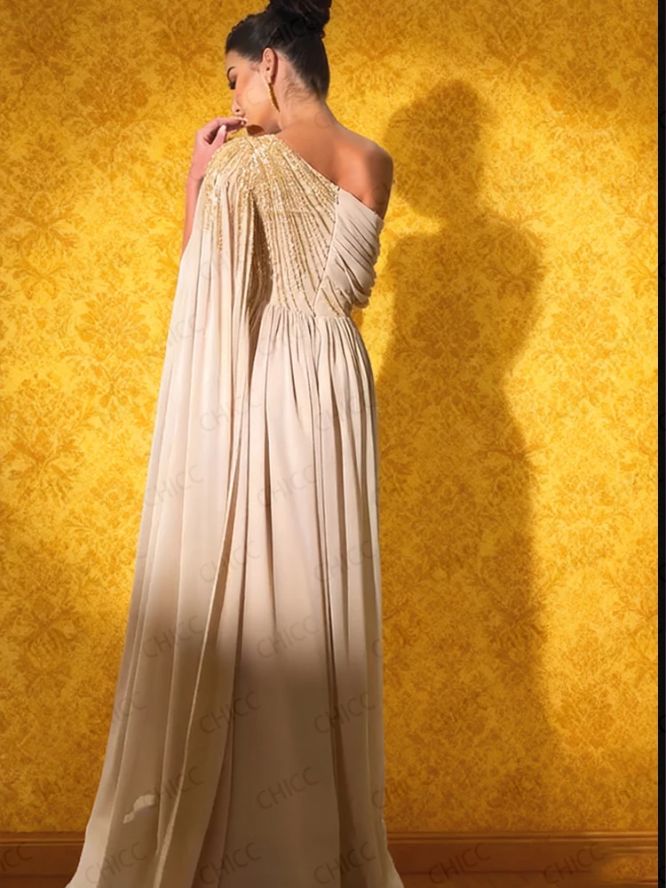 Luxury Evening Dresses One Shoulder Sleeveless A Line Prom Dresses Chiffon Beading Wedding Guest Gown Customized robes de soirée