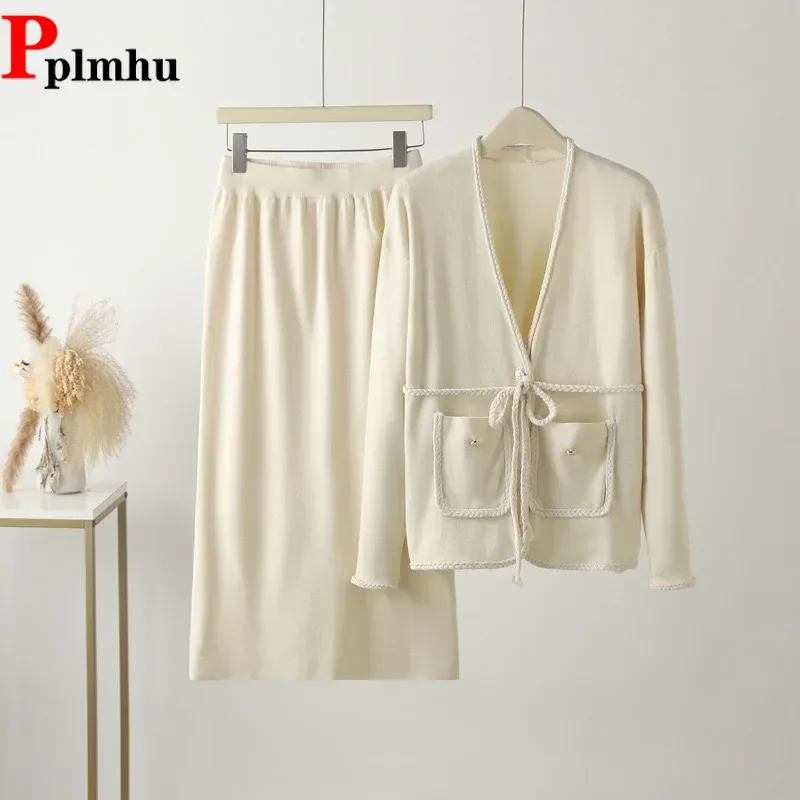 

V-neck Sweater Cardigan Coats Tops Two Piece Sets Korea Classic High Waist Skirts Conjunto Elegant Casual Women Knitted Ensemble