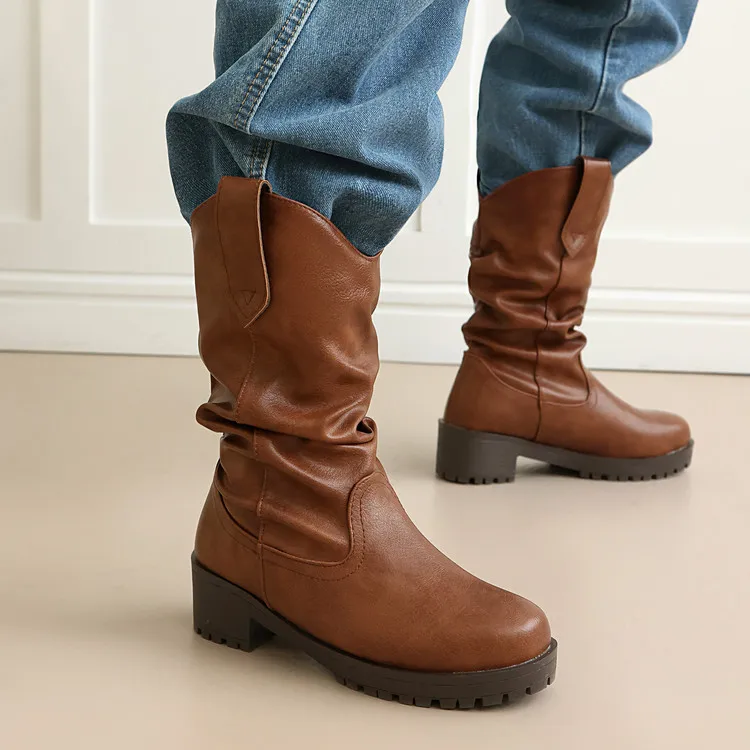 Boots for Women 2026 Round Toe Low Chunky Heel Pull On Faux PU Wrinkled Booties Casual Fall Winter Comfortable Fashion Shoes