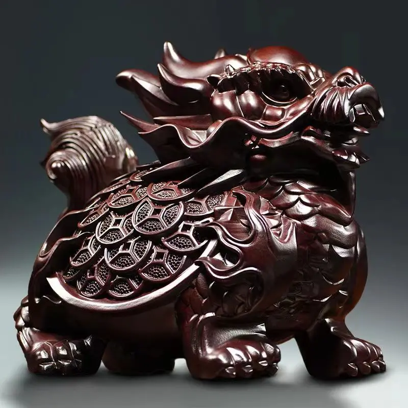 Ebony Carved Dragon Turtle Ornaments Solid Wood Dragon Turtle Basaltic Home Office Gift Decoration Redwood Crafts Ornaments