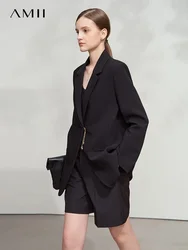 AMII Minimalist Blazer Women 2025 Autumn New Office Lady Turn Down Collar Chain Charm Shoulder Padded Jacket Black Top 12521063